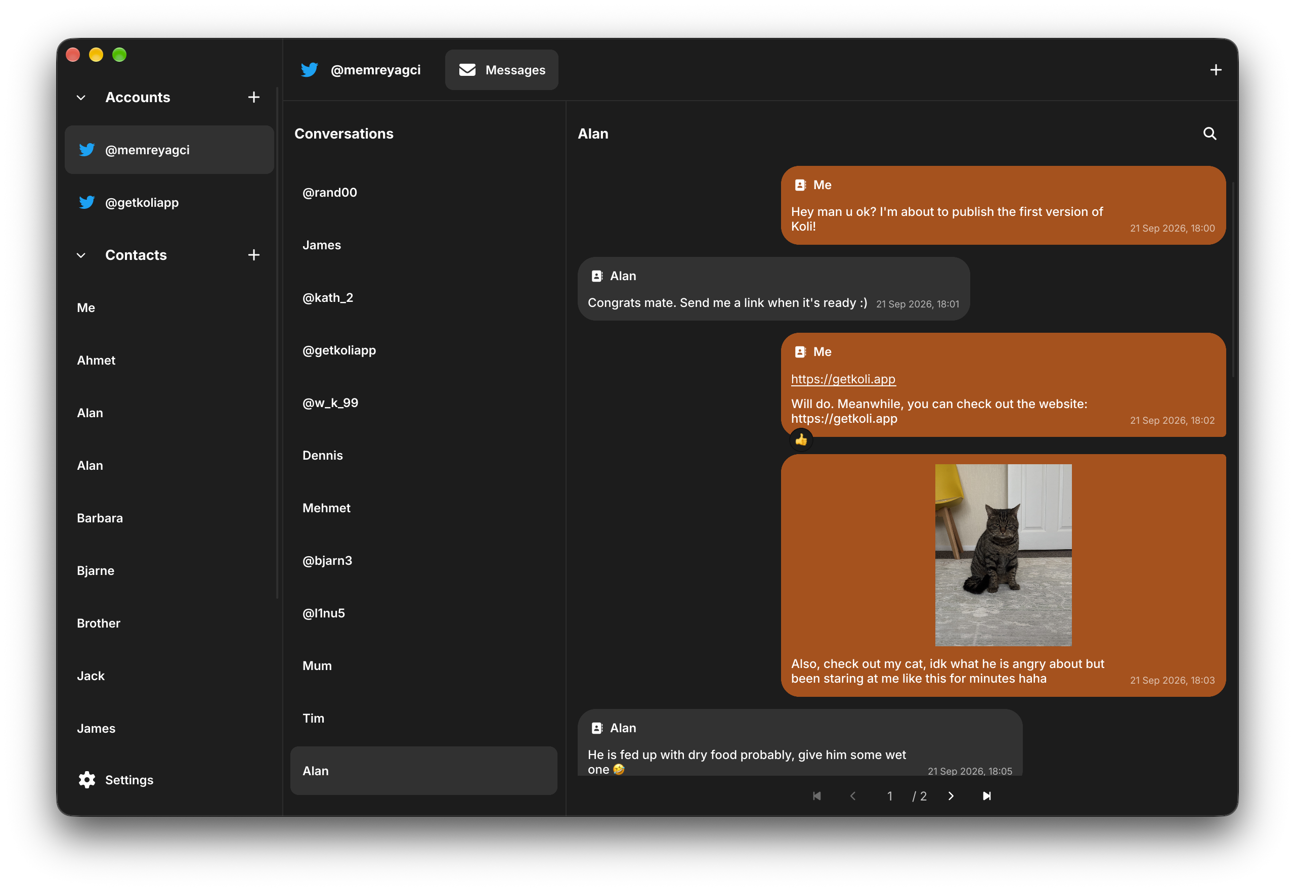 Koli app showcase in dark theme